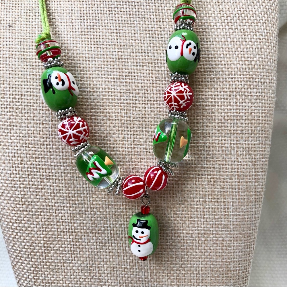 Festive Holiday Lampwork Snowman necklace, trees, snowflakes, candy whimsy